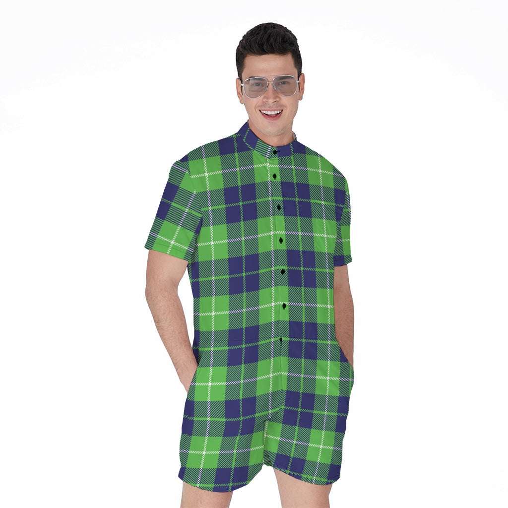 Green Blue And White Tartan Print Men's Rompers