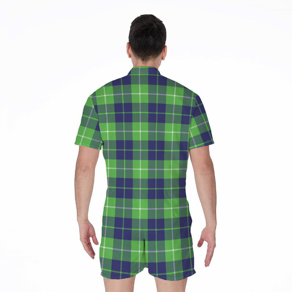 Green Blue And White Tartan Print Men's Rompers