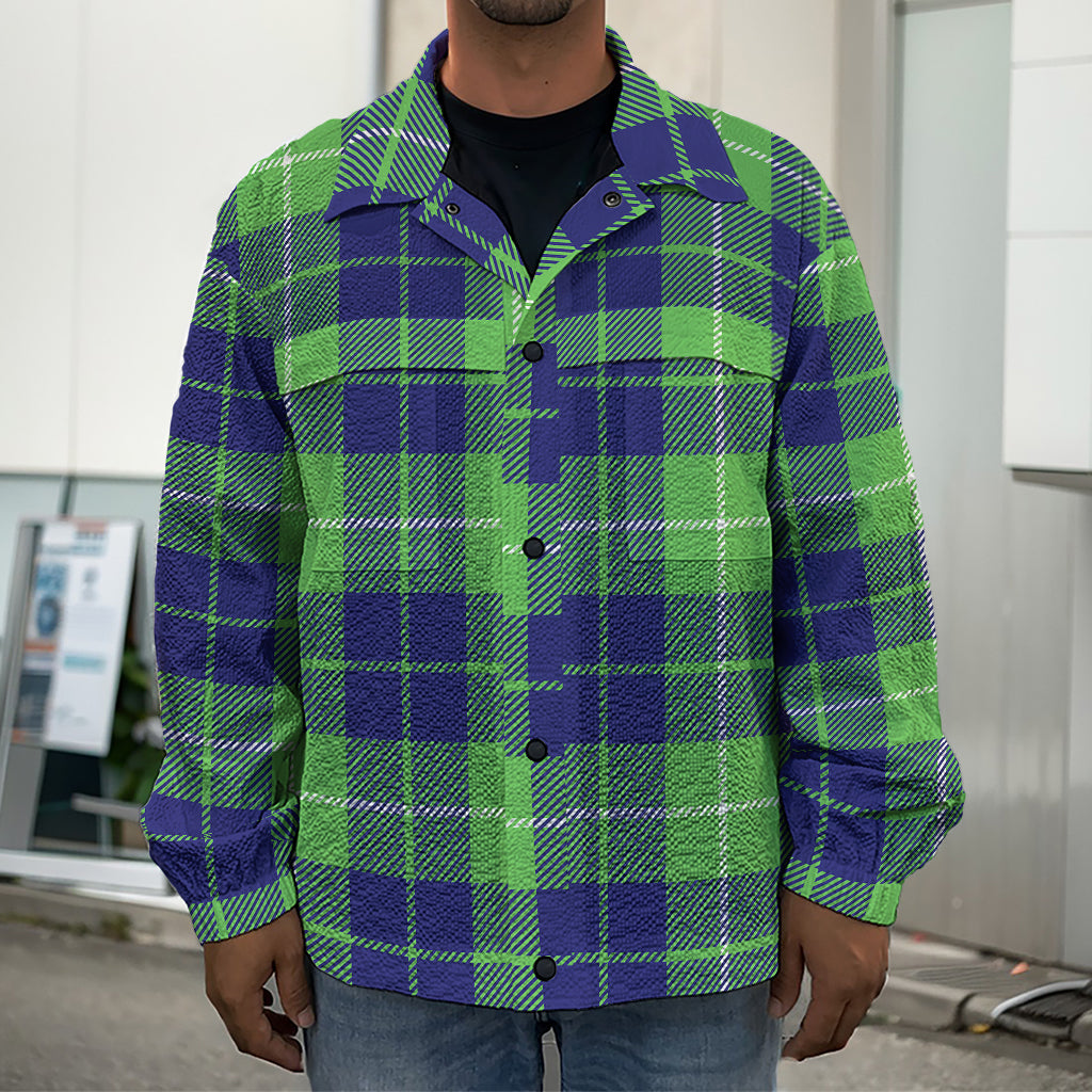 Green Blue And White Tartan Print Men's Shirt Jacket