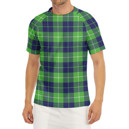 Green Blue And White Tartan Print Men's Short Sleeve Rash Guard