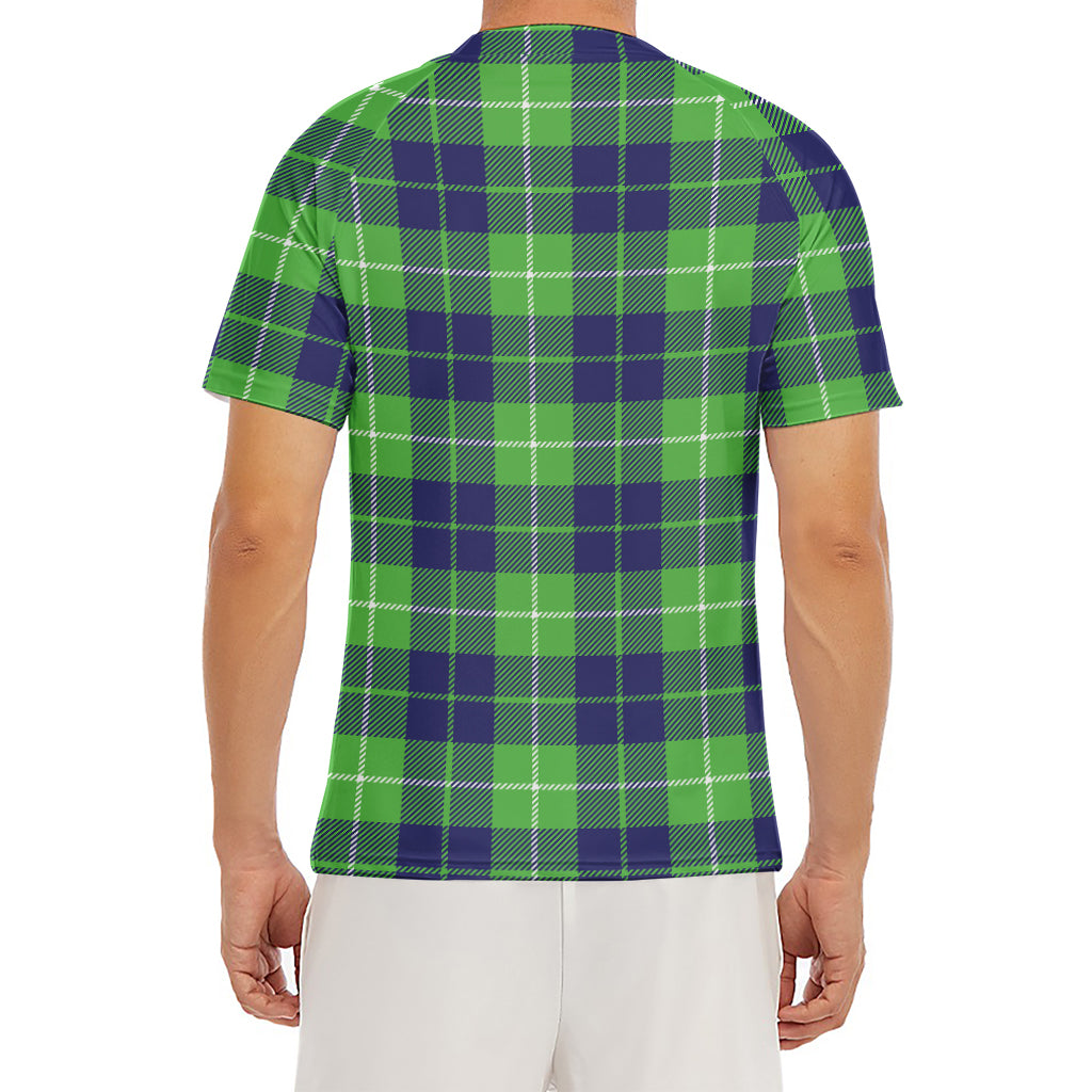 Green Blue And White Tartan Print Men's Short Sleeve Rash Guard