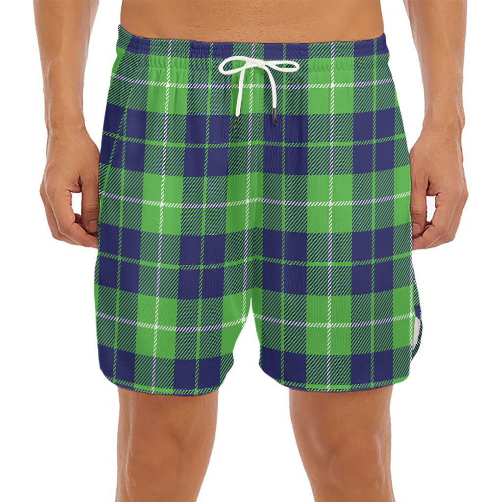 Green Blue And White Tartan Print Men's Split Running Shorts