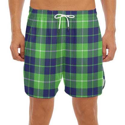 Green Blue And White Tartan Print Men's Split Running Shorts