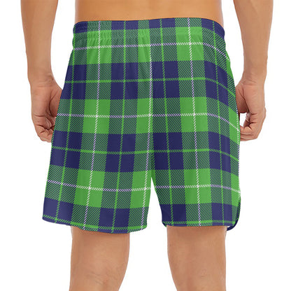 Green Blue And White Tartan Print Men's Split Running Shorts