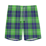 Green Blue And White Tartan Print Men's Sports Shorts