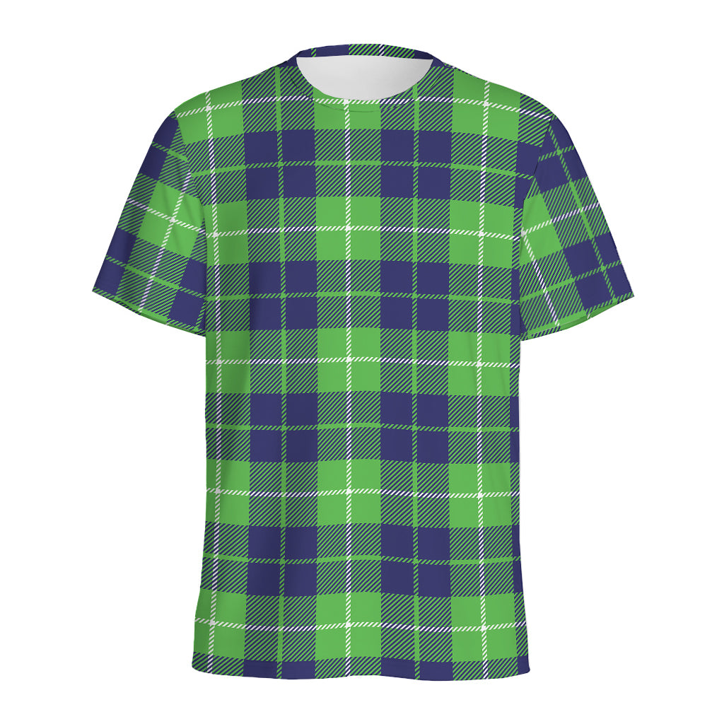 Green Blue And White Tartan Print Men's Sports T-Shirt