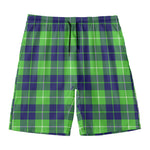 Green Blue And White Tartan Print Men's Swim Trunks