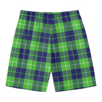 Green Blue And White Tartan Print Men's Swim Trunks