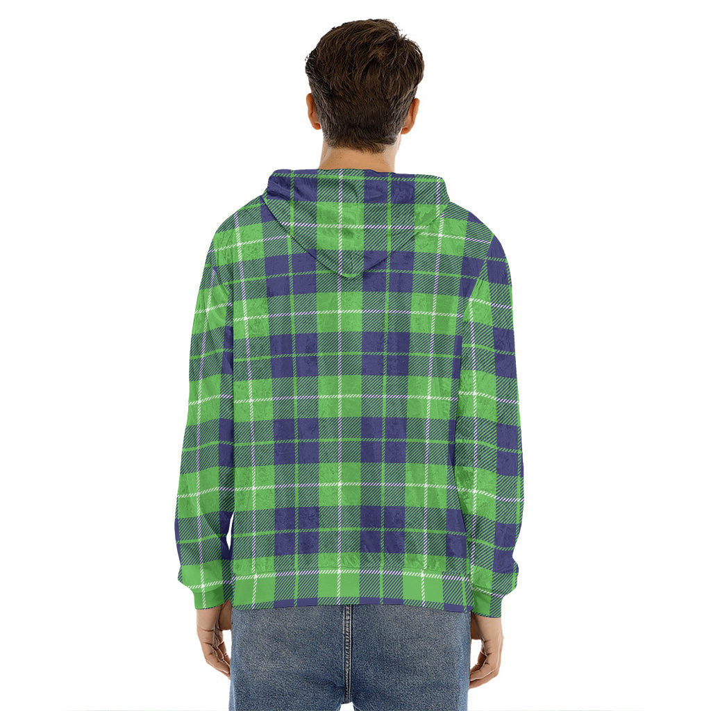 Green Blue And White Tartan Print Men's Velvet Pullover Hoodie