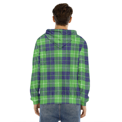 Green Blue And White Tartan Print Men's Velvet Pullover Hoodie