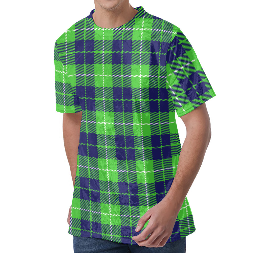 Green Blue And White Tartan Print Men's Velvet T-Shirt