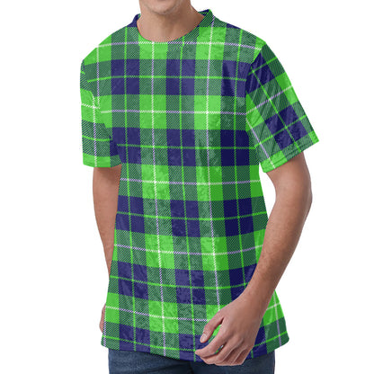 Green Blue And White Tartan Print Men's Velvet T-Shirt