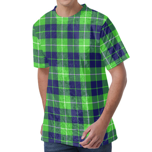 Green Blue And White Tartan Print Men's Velvet T-Shirt