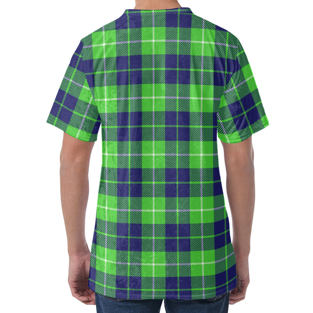 Green Blue And White Tartan Print Men's Velvet T-Shirt