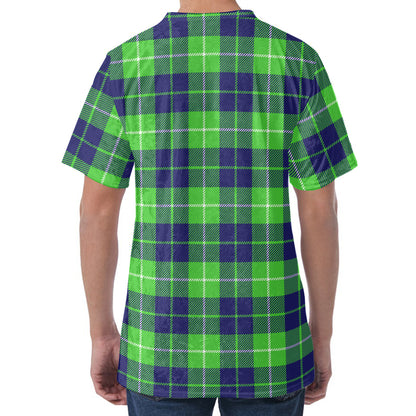Green Blue And White Tartan Print Men's Velvet T-Shirt