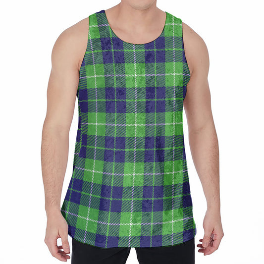 Green Blue And White Tartan Print Men's Velvet Tank Top