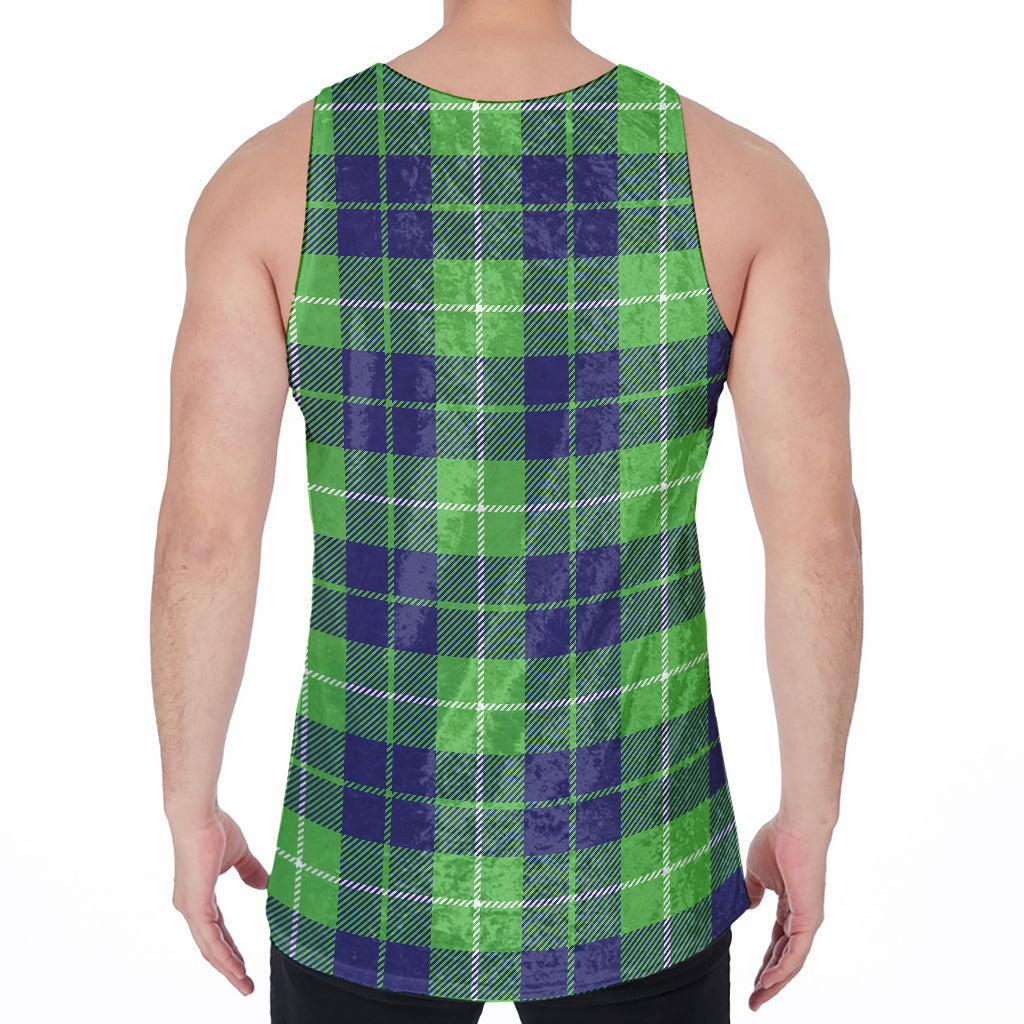 Green Blue And White Tartan Print Men's Velvet Tank Top