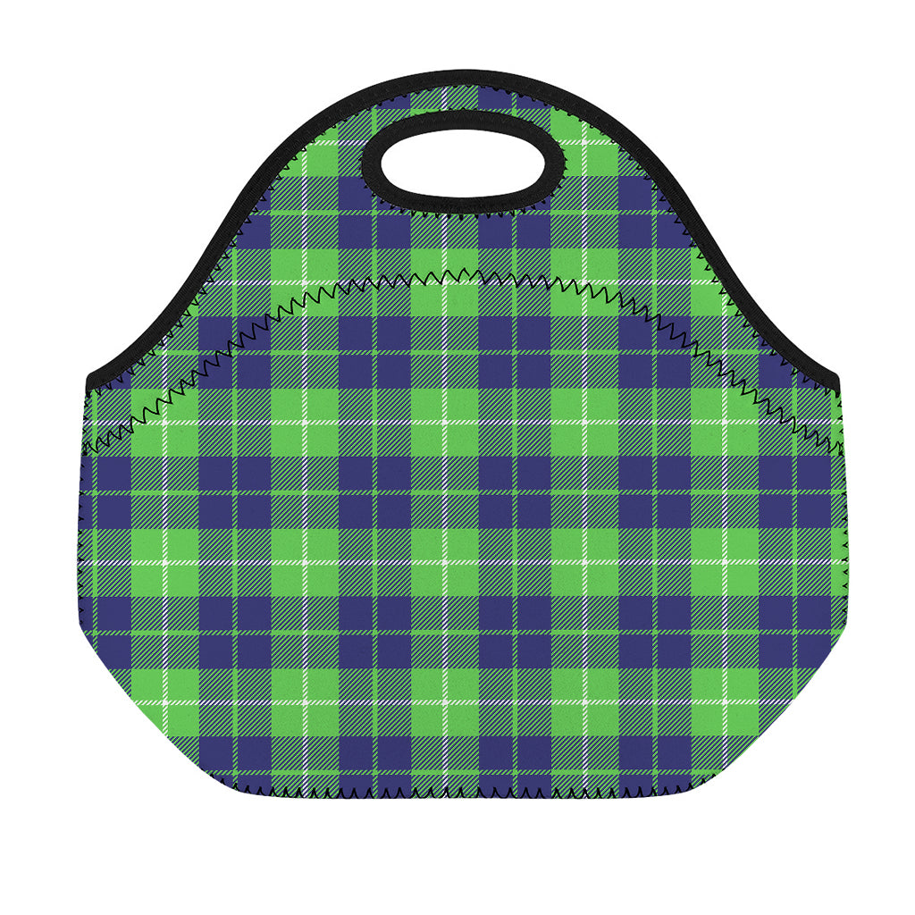 Green Blue And White Tartan Print Neoprene Lunch Bag