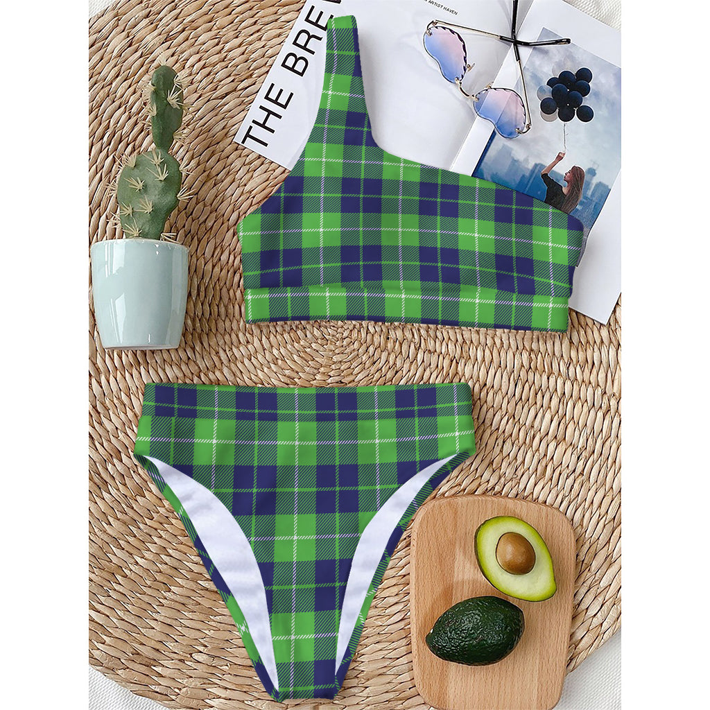 Green Blue And White Tartan Print One Shoulder Bikini Top