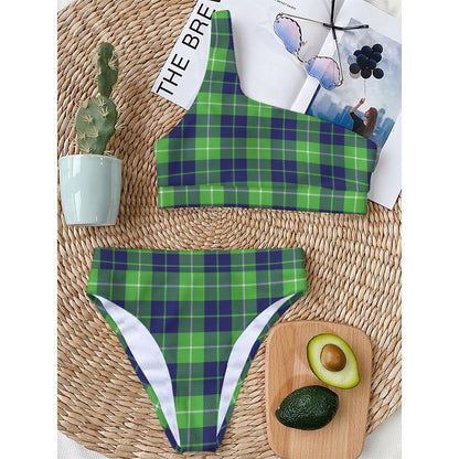 Green Blue And White Tartan Print One Shoulder Bikini Top