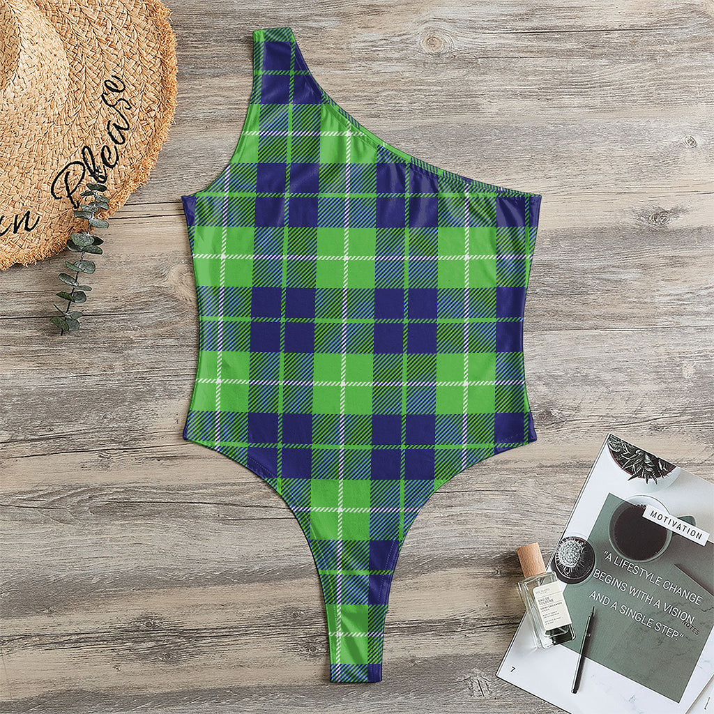 Green Blue And White Tartan Print One Shoulder Bodysuit