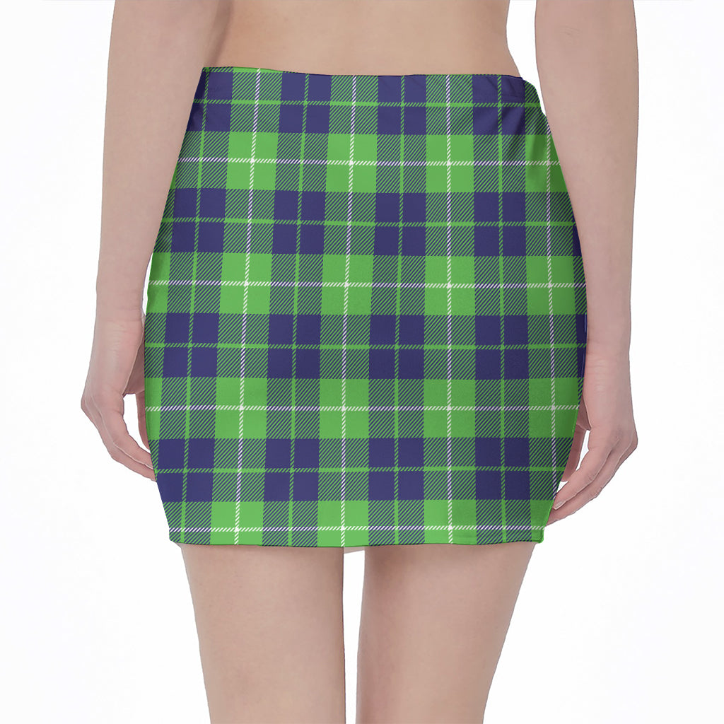 Green Blue And White Tartan Print Pencil Mini Skirt