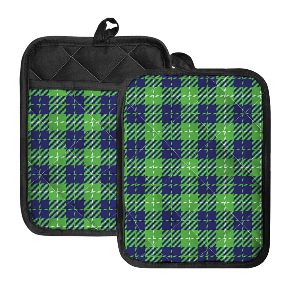 Green Blue And White Tartan Print Pot Holders With Pocket