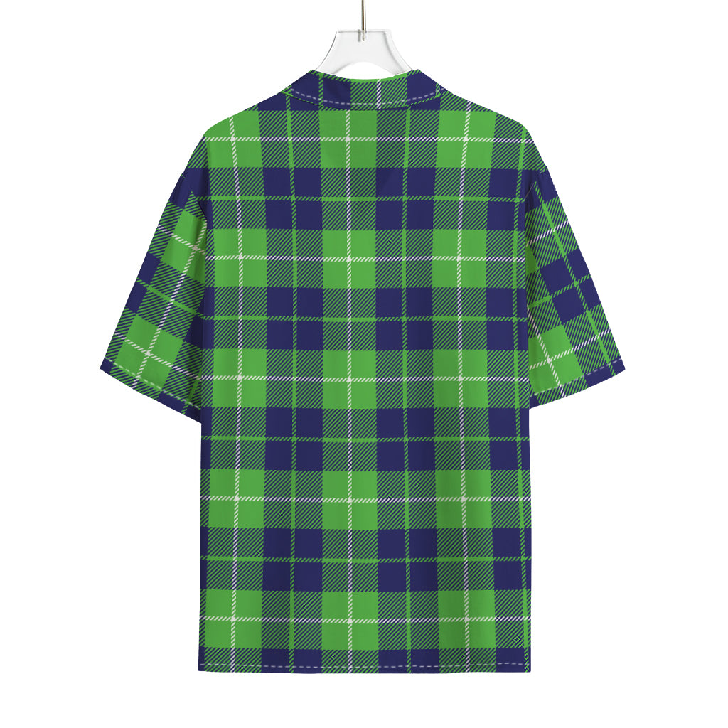 Green Blue And White Tartan Print Rayon Hawaiian Shirt