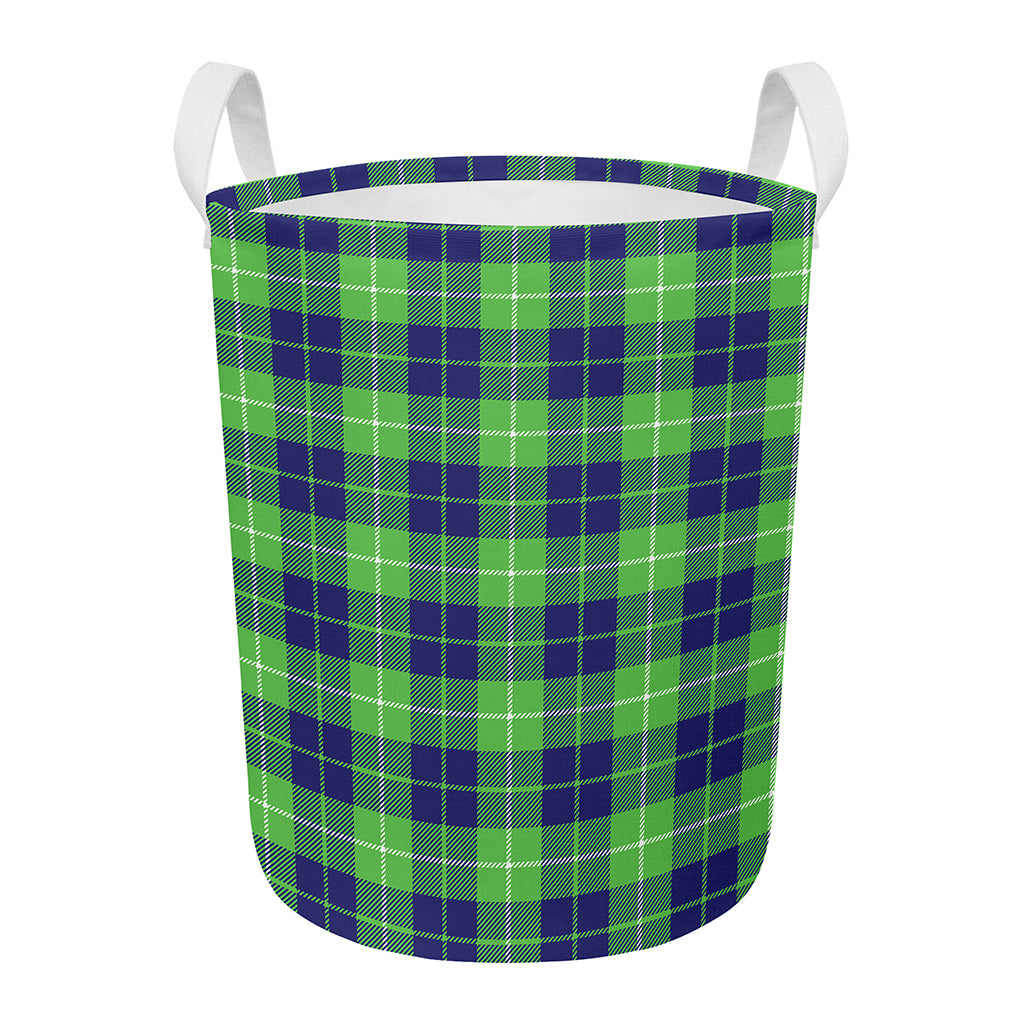 Green Blue And White Tartan Print Round Laundry Basket