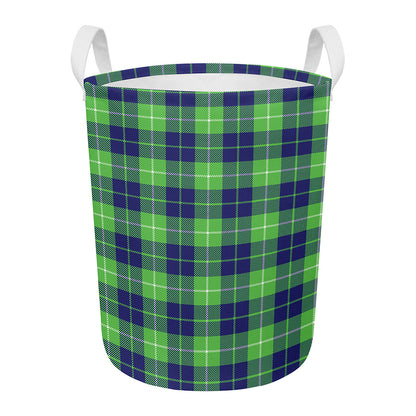 Green Blue And White Tartan Print Round Laundry Basket