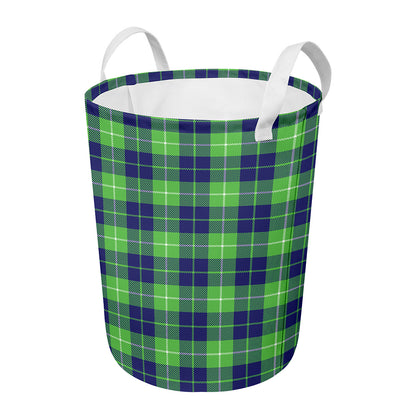 Green Blue And White Tartan Print Round Laundry Basket