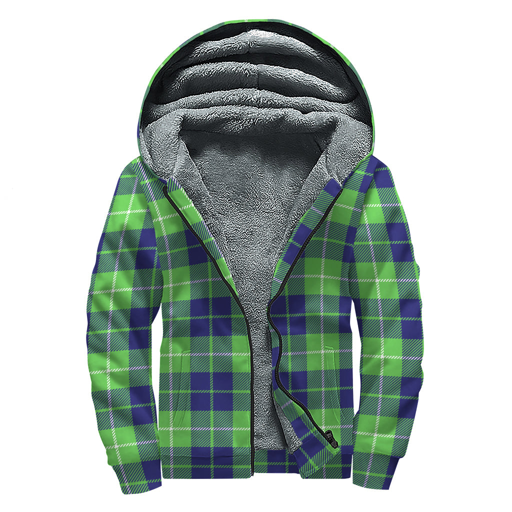 Green Blue And White Tartan Print Sherpa Lined Zip Up Hoodie