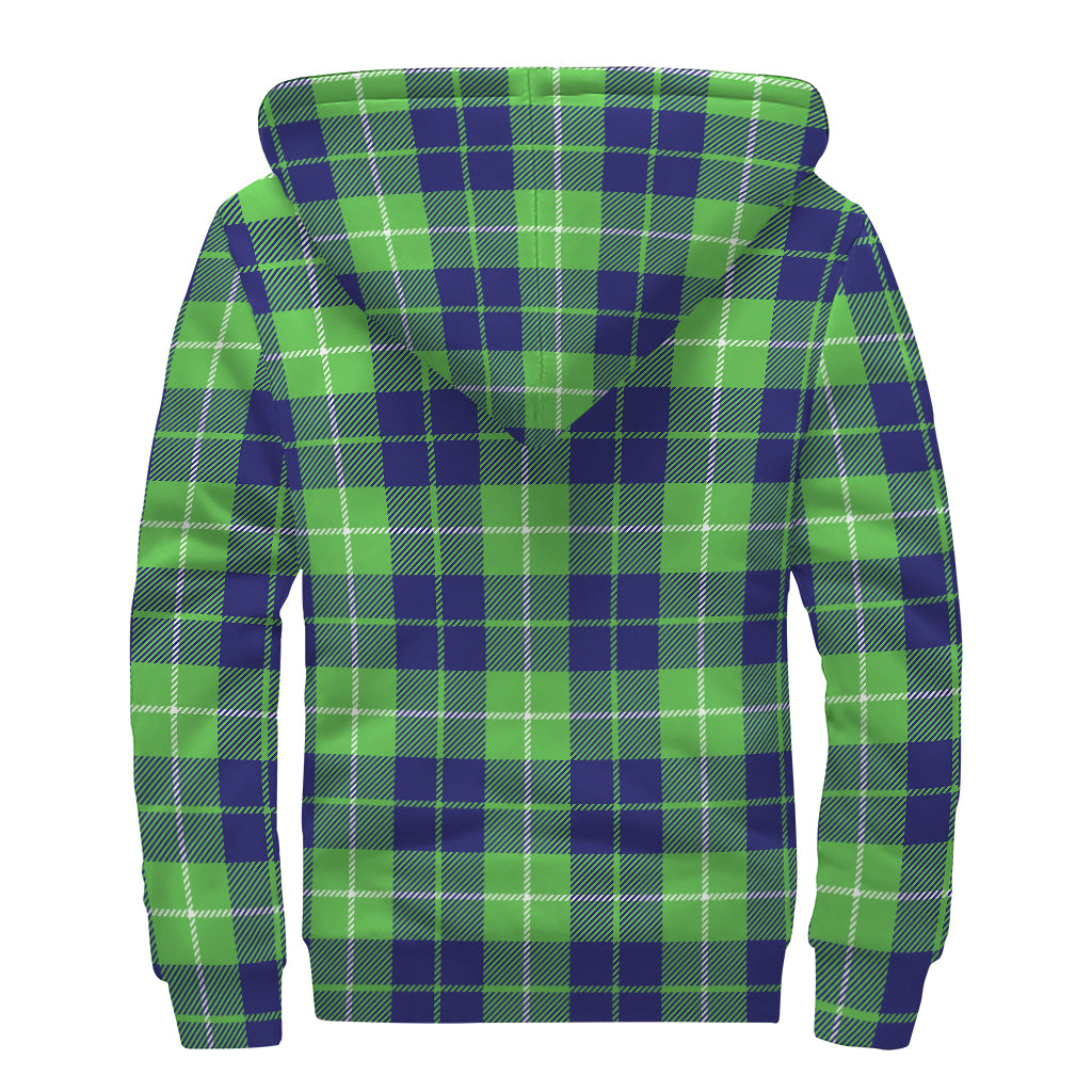 Green Blue And White Tartan Print Sherpa Lined Zip Up Hoodie