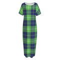 Green Blue And White Tartan Print Short Sleeve Long Nightdress
