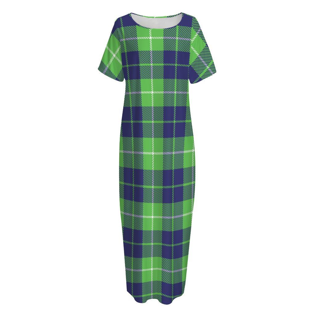 Green Blue And White Tartan Print Short Sleeve Long Nightdress