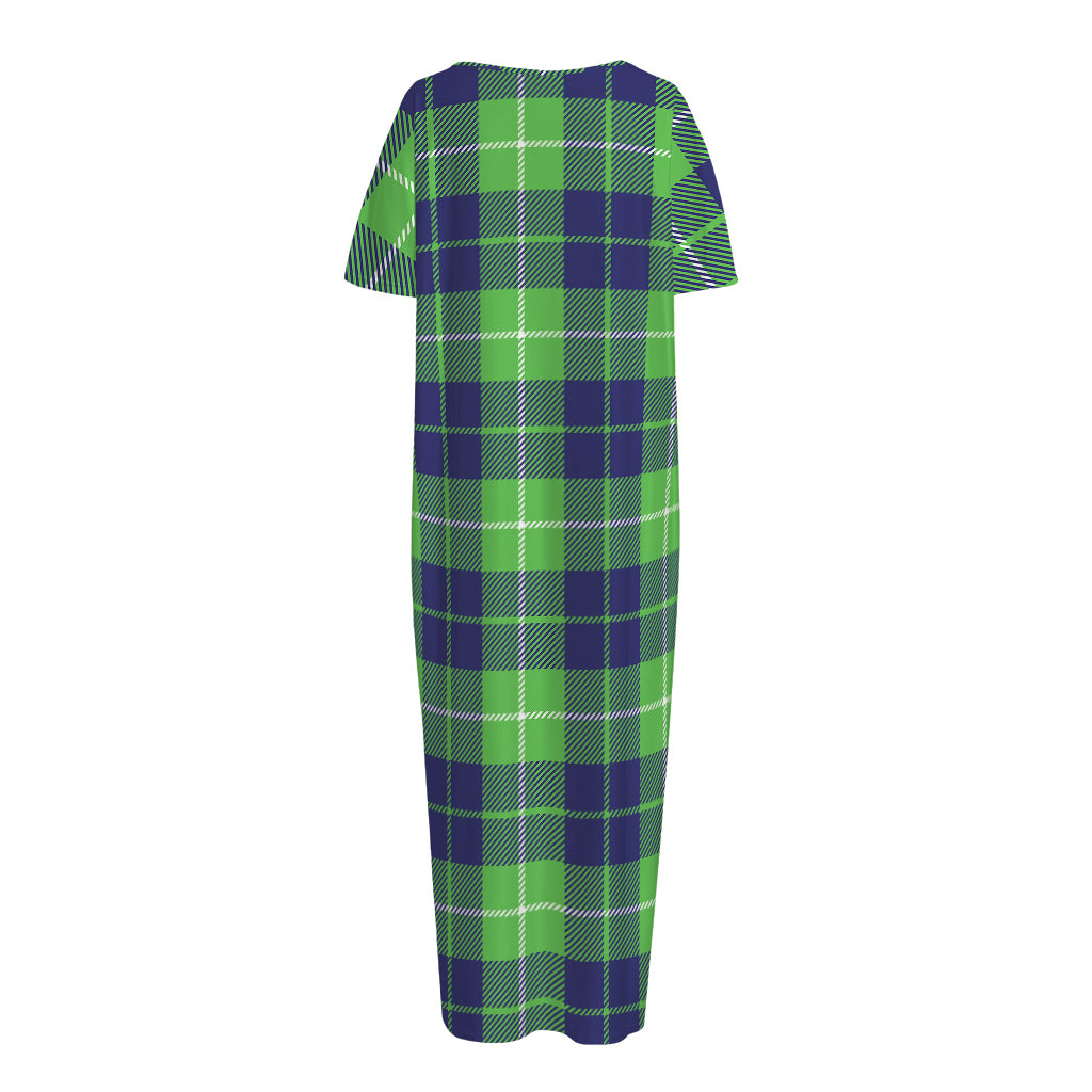 Green Blue And White Tartan Print Short Sleeve Long Nightdress