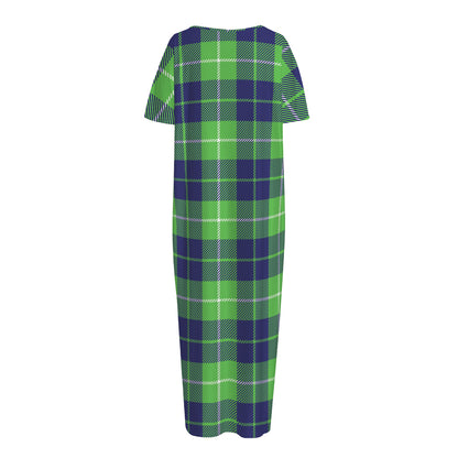 Green Blue And White Tartan Print Short Sleeve Long Nightdress