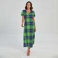Green Blue And White Tartan Print Short Sleeve Maxi Dress