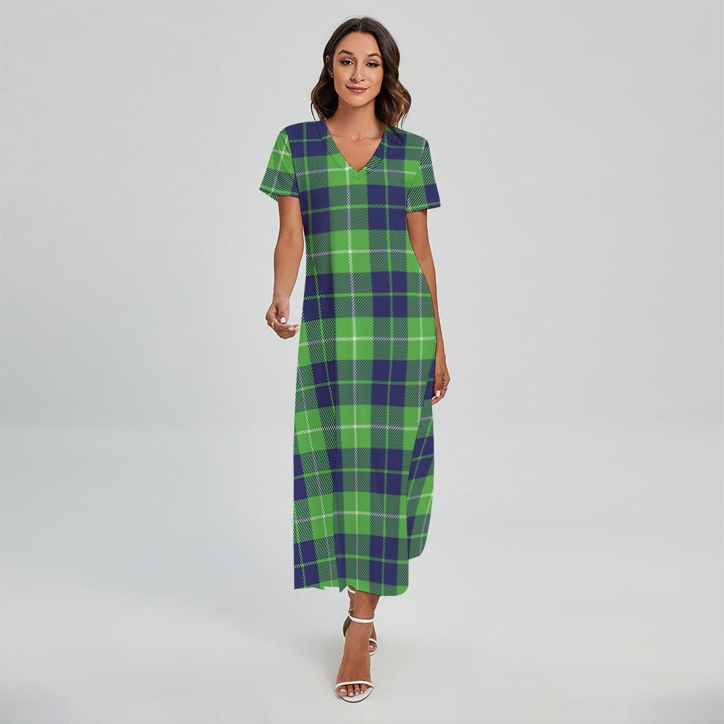 Green Blue And White Tartan Print Short Sleeve Maxi Dress
