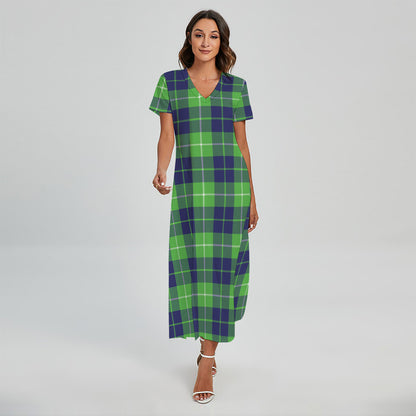 Green Blue And White Tartan Print Short Sleeve Maxi Dress