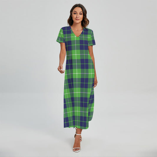 Green Blue And White Tartan Print Short Sleeve Maxi Dress