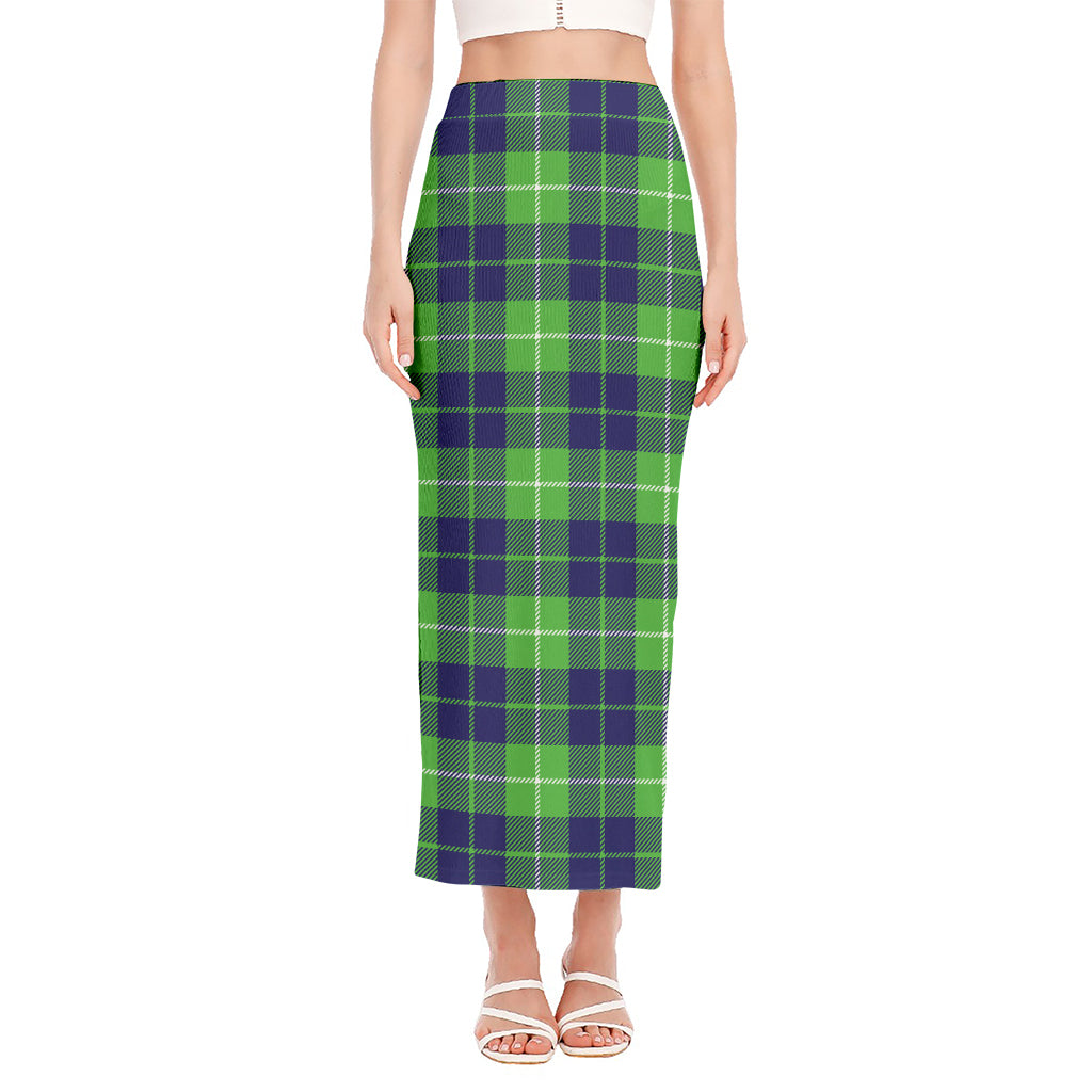Green Blue And White Tartan Print Side Slit Maxi Skirt