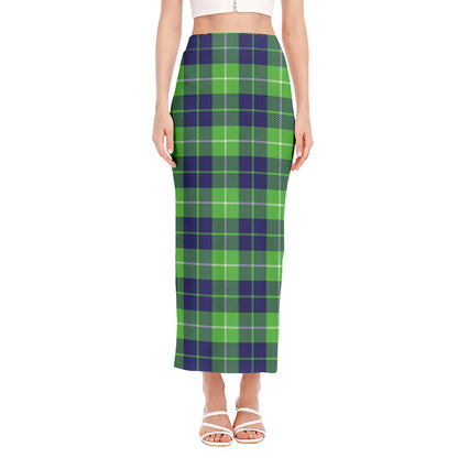 Green Blue And White Tartan Print Side Slit Maxi Skirt