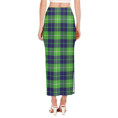 Green Blue And White Tartan Print Side Slit Maxi Skirt