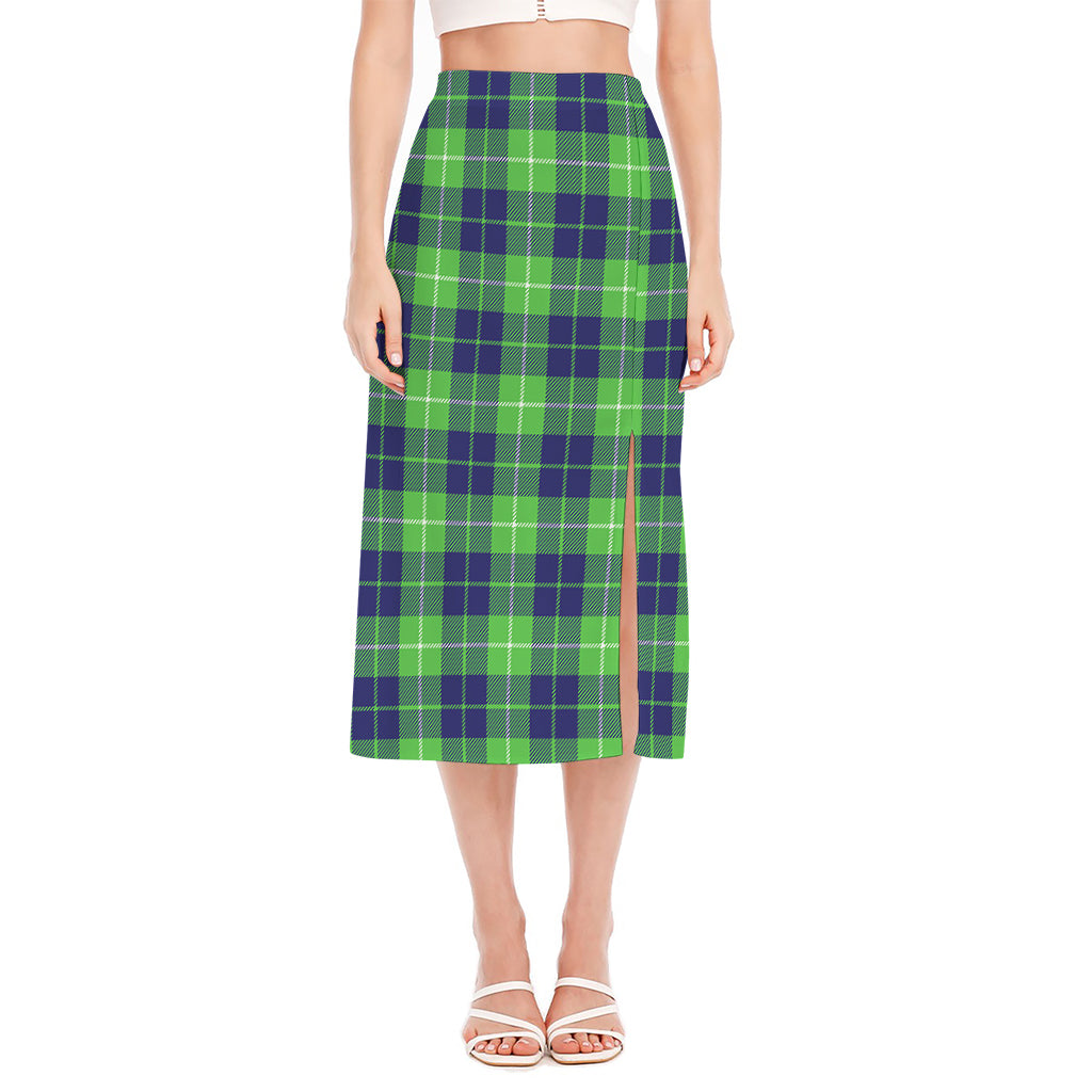Green Blue And White Tartan Print Side Slit Midi Skirt