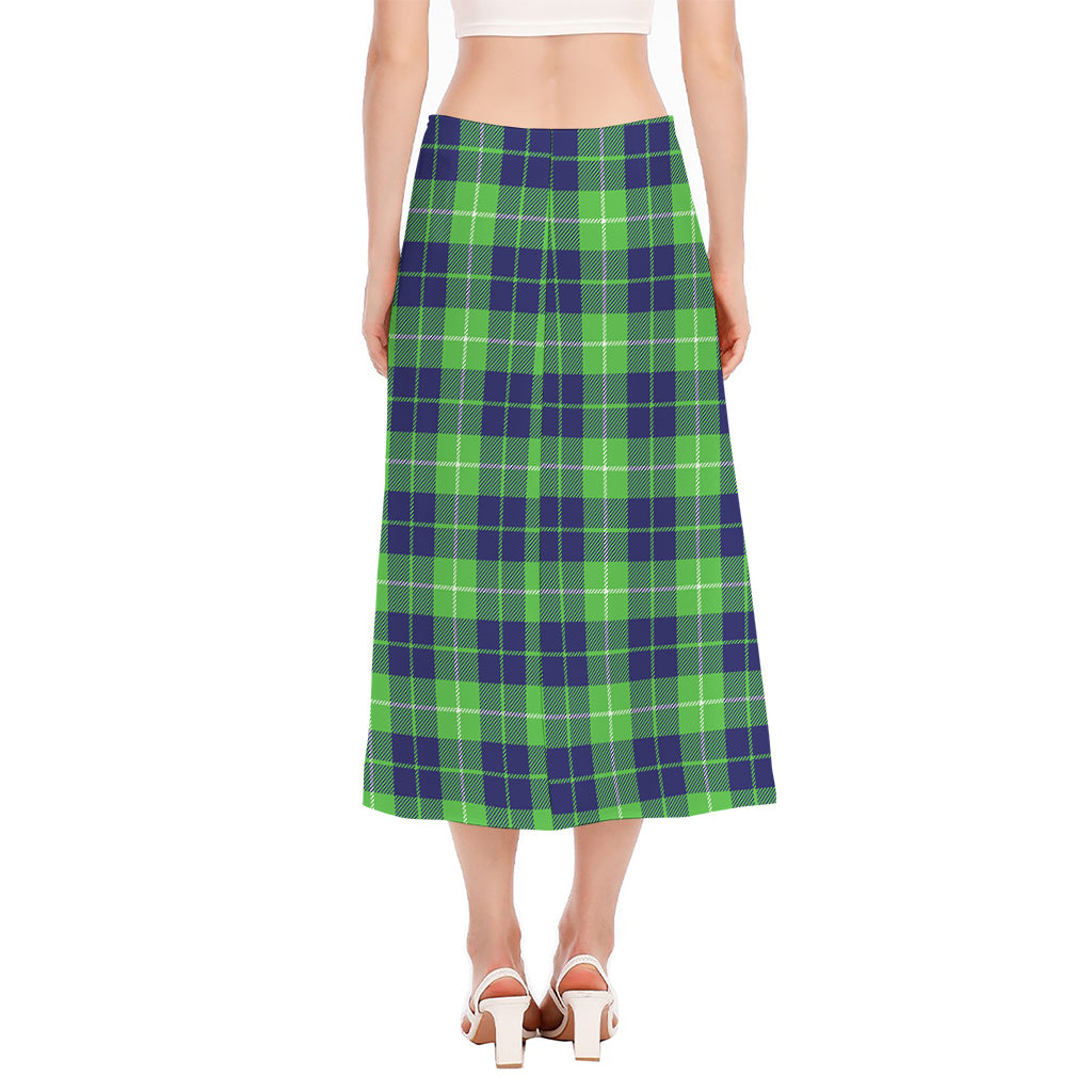 Green Blue And White Tartan Print Side Slit Midi Skirt
