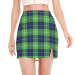 Green Blue And White Tartan Print Side Slit Mini Skirt