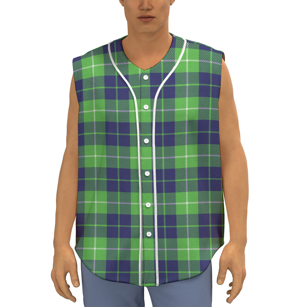 Green Blue And White Tartan Print Sleeveless Baseball Jersey