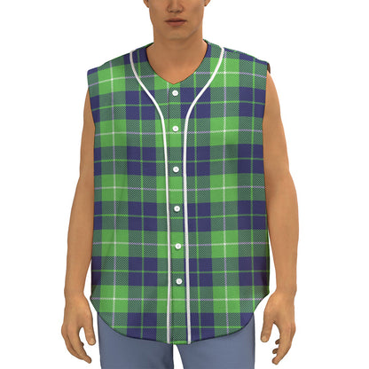 Green Blue And White Tartan Print Sleeveless Baseball Jersey