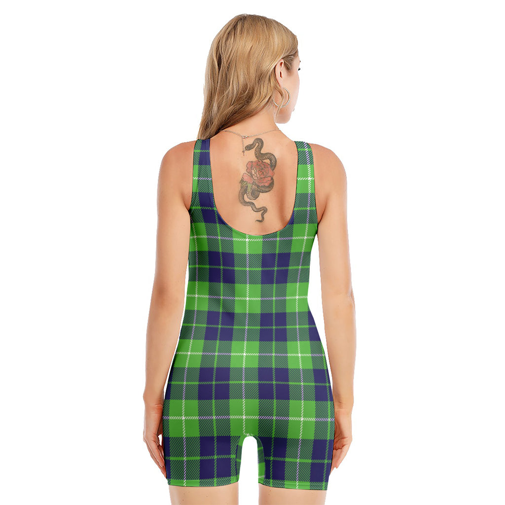Green Blue And White Tartan Print Sleeveless One Piece Swimsuit